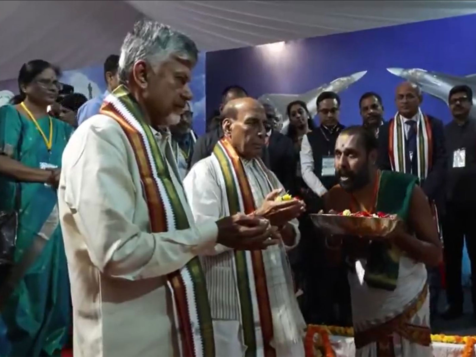 Defence Minister Rajnath Singh and Andhra Pradesh Chief Minister N Chandrababu Naidu attend the foundation stone laying and groundbreaking ceremonies of major aerospace and defence projects at Puttaparthi (Photo/ANI)