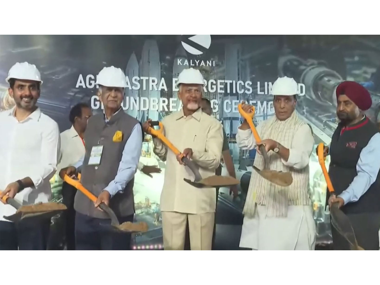 Andhra Pradesh CM Chandrababu Naidu, Defence Minister Rajnath Singh, and Minister Nara Lokesh lay foundation stone for AMCA project in Puttaparthi (Photo/ANI)