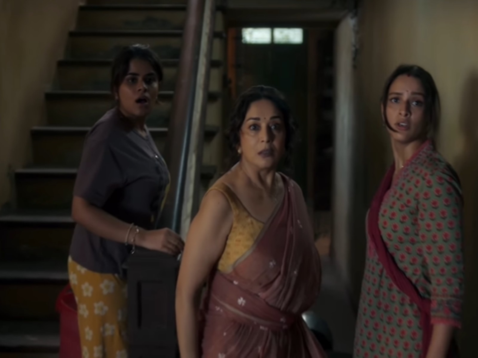 Dharna Durga, Madhuri Dixit, Triptii Dimri in a still from 'Maa Behen' (Photo/Instagram/@netflix_in)