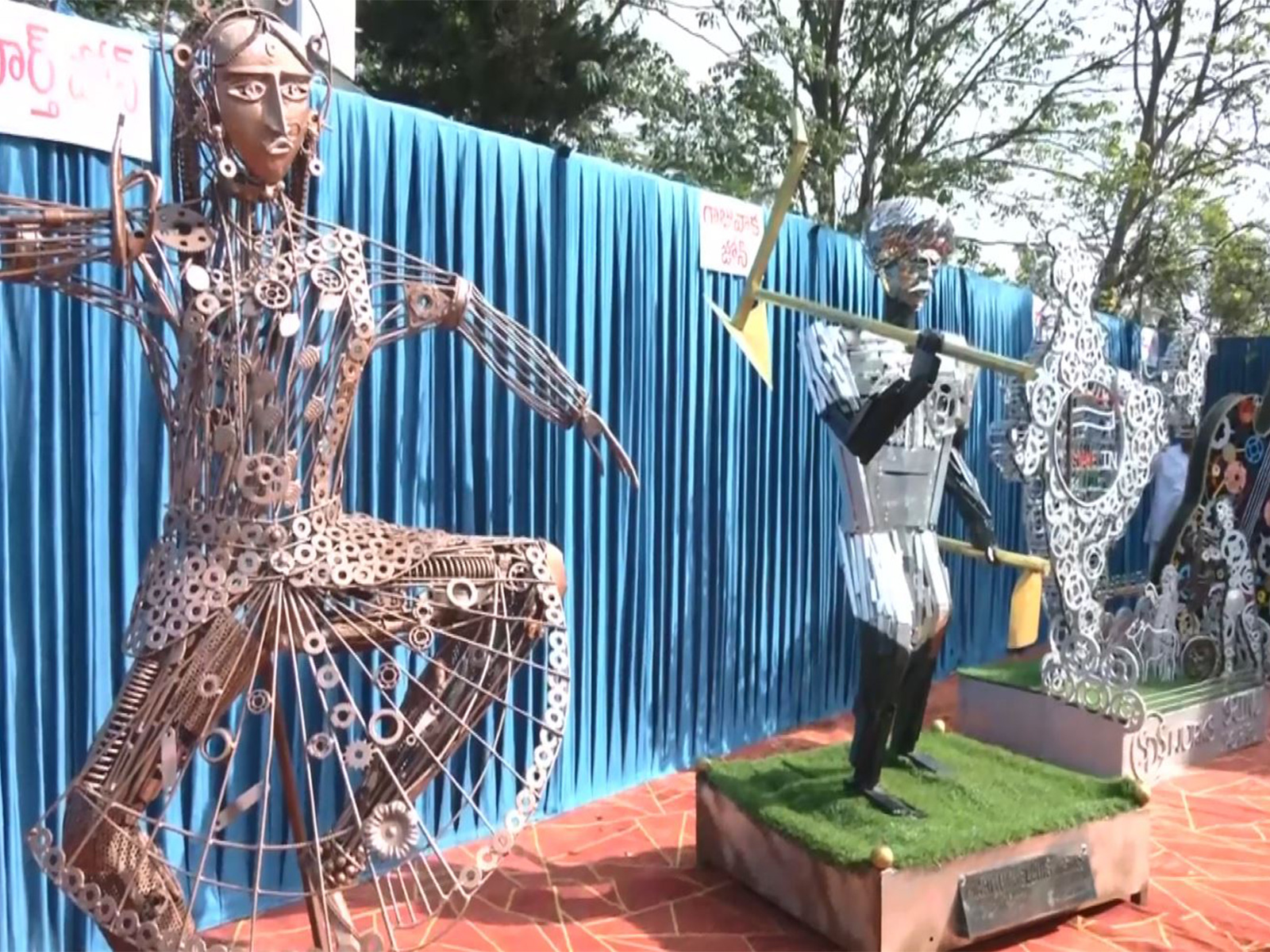 Creative waste-to-art installations displayed during the 'Swarna Andhra Swachh Andhra' awareness campaign at Shivaji Park in Visakhapatnam (Photo/ANI)