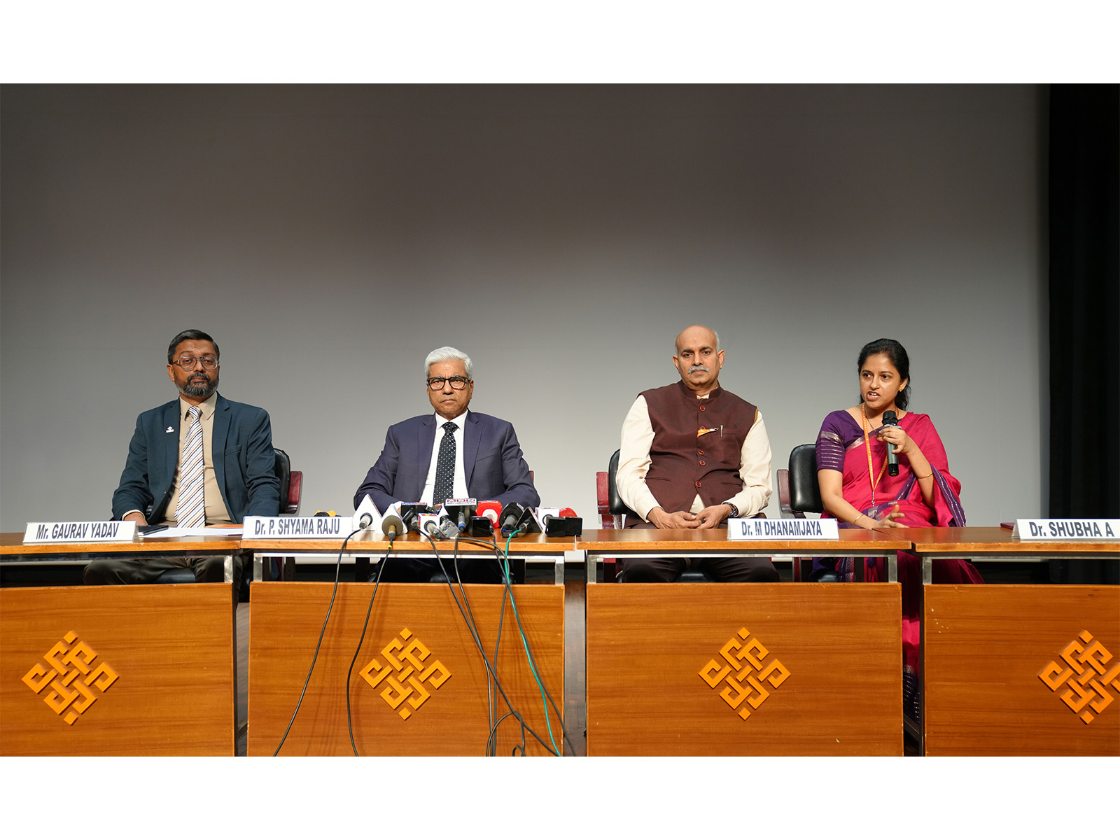 Dr. P. Shyama Raju, Chancellor, and others from REVA University during the announcement of new academic initiatives in AI, Semiconductors, EVs & Aerospace