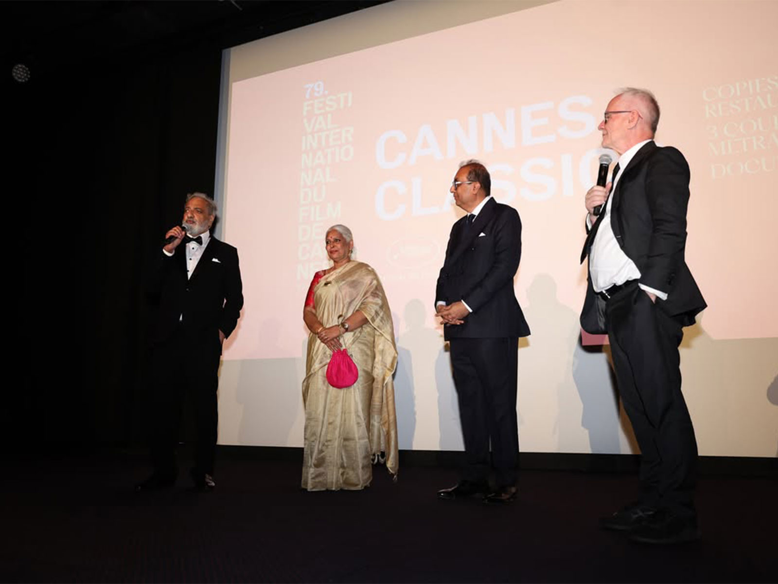 L-R Actor JOy Mathew, editor Bina Paul, FHF director Shivendra Singh Durgapur and Thierry Fremaux (Photo/Instagram@filmheritagefoundation)