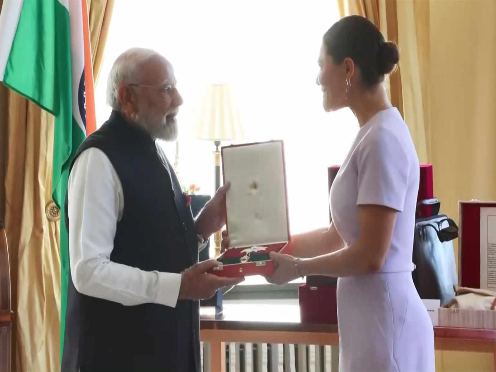 Prime Minister Narendra Modi receives Sweden's prestigious "Royal Order of Polar Star Commander Grand Cross" during his visit to Gothenburg. (Photo/ANI)