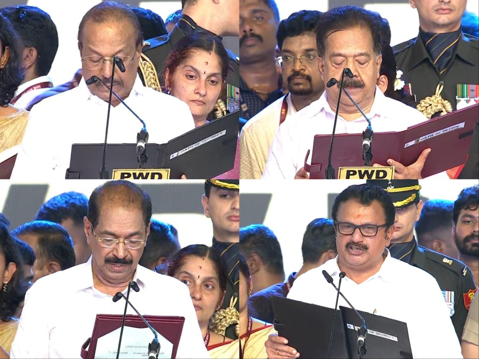 Senior Congress leaders Ramesh Chennithala, Sunny Joseph, K Muraleedharan and IUML leader PK Kunhalikutty took oath as ministers in the VD Satheesan-led Keralam government in Thiruvananthapuram (Photo/ANI)