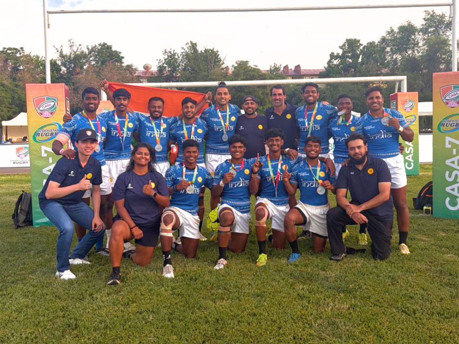 India men's Rugby 7s team celebrating with silver medal at the CASA Rugby 7s 2026. (Photo: Rugby India)