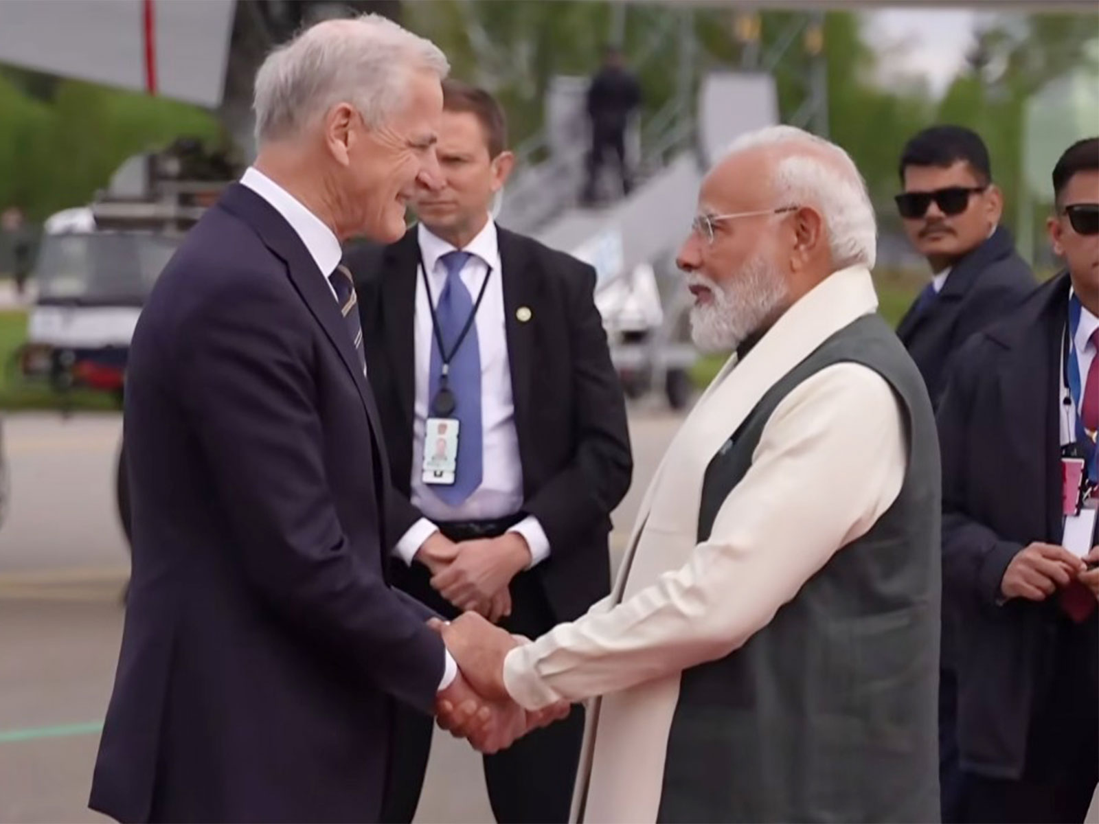 Norwegian PM Jonas Gahr receives PM Narendra Modi at Gardermoen Airport (Photo/DD/ANI)