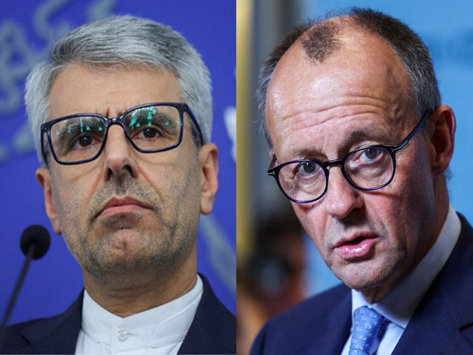 Iranian Foreign Ministry Spokesman Esmail Baqaei and German Chancellor Friedrich Merz (Photo/X@IRIMFA_EN/Reuters)