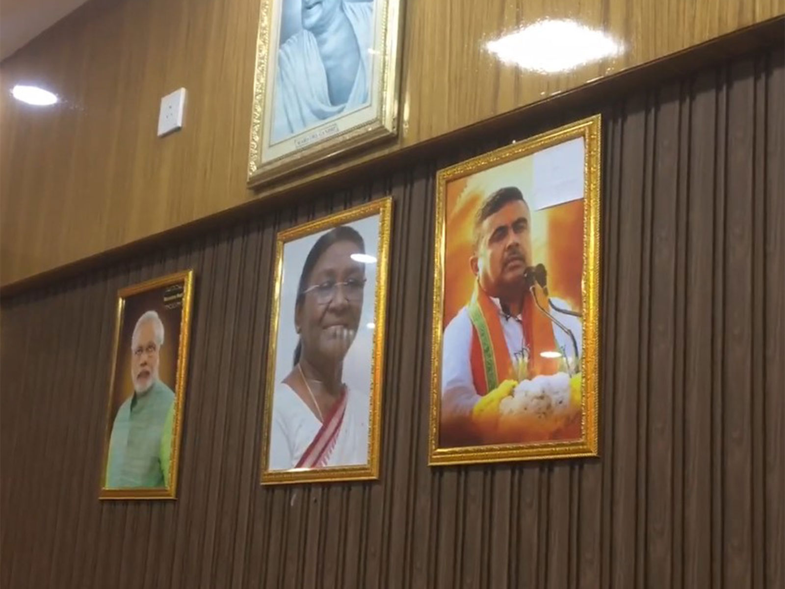 PM Narendra Modi, President Droupadi Murmu, and CM Suvendu Adhikari's portait in Asansol Mayor's office (Photo/ANI)