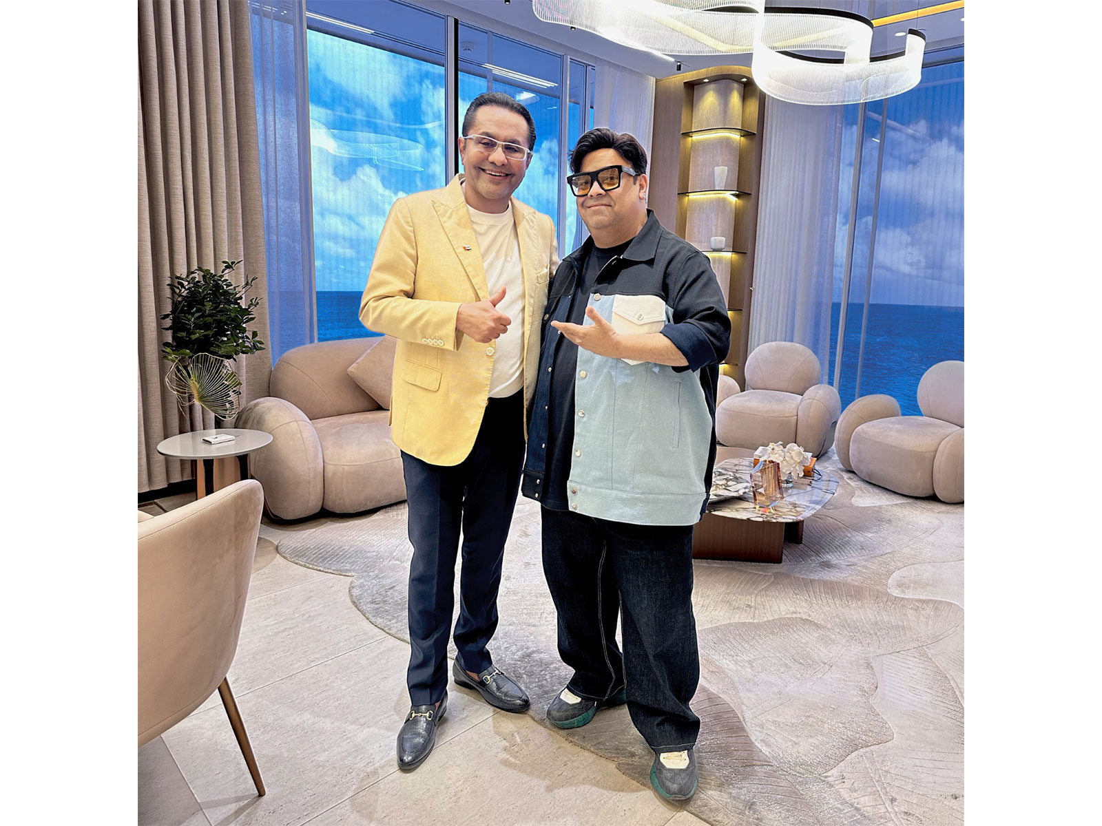 Rizwan Sajan, Founder and Chairman of Danube Group, along with comedian and actor Kiku Sharda, during the handover of Kiku Sharda's apartment at Skyz by Danube