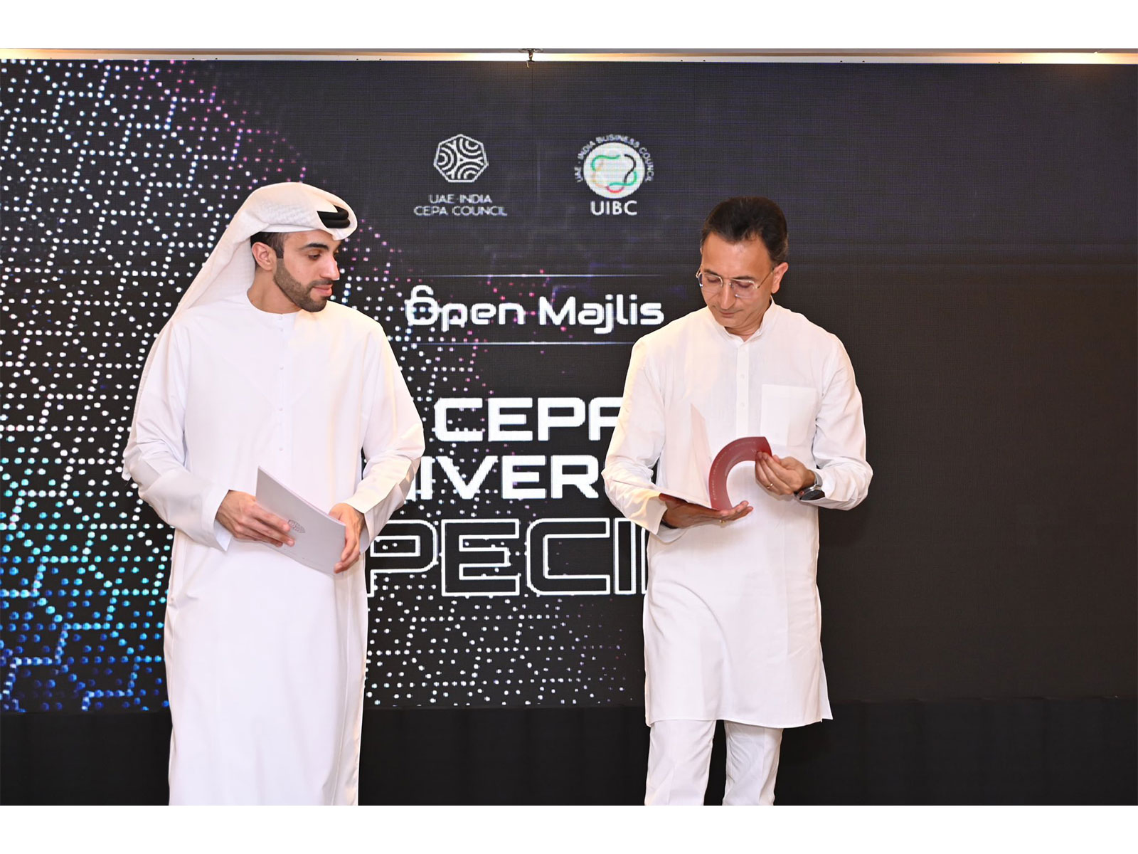 UAE Ambassador to India Abdulnasser Alshaali and Union Minister of State for Commerce and Industry Jitin Prasada at UAE-India CEPA Council's "Open Majlis" event (Photo/X@JitinPrasada)