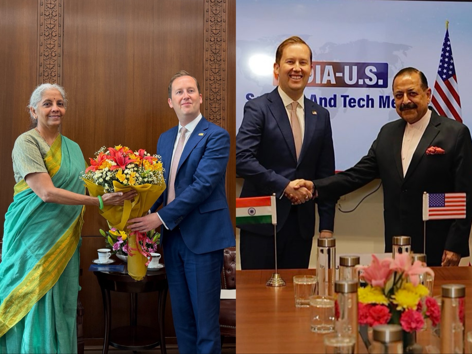 US Ambassador to India, Sergio Gor meets with Union Ministers Jitendra Singh and Union Minister Nirmala Sitharaman (Photo/@FinMinIndia/@USAmbIndia)