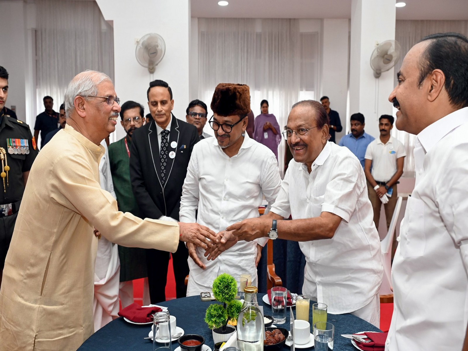 Keralam Governor Rajendra Vishwanath Arlekar, CM VD Satheesan, and State Minister PK Kunhalikutty during swearing-in ceremony. (Photo/ANI)