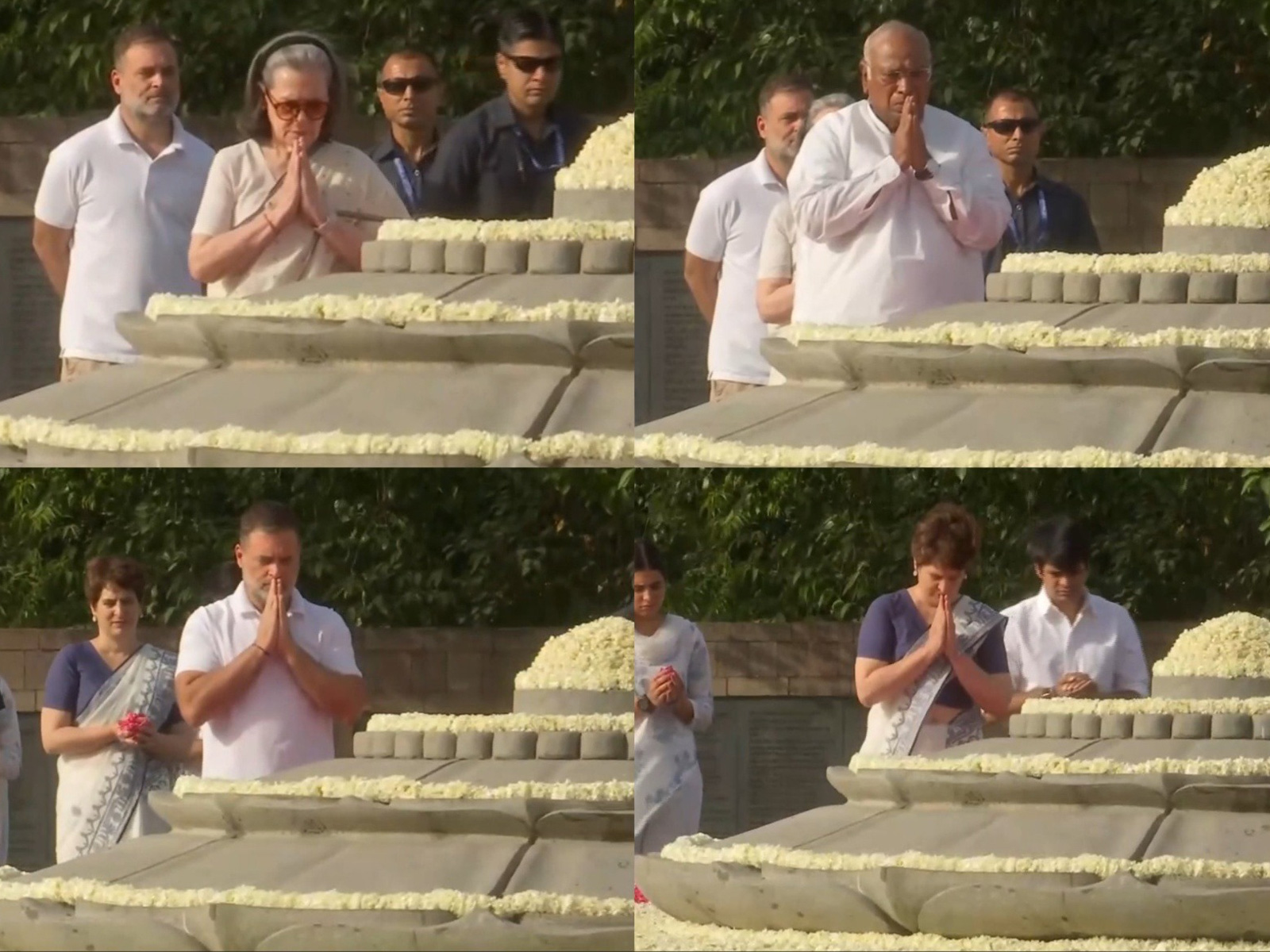 Congress Parliamentary Party chairperson Sonia Gandhi, party President Mallikarjun Kharge, LoP Lok Sabha Rahul Gandhi and party MP Priyanka Gandhi at Vir Bhumi (Photo/ANI)