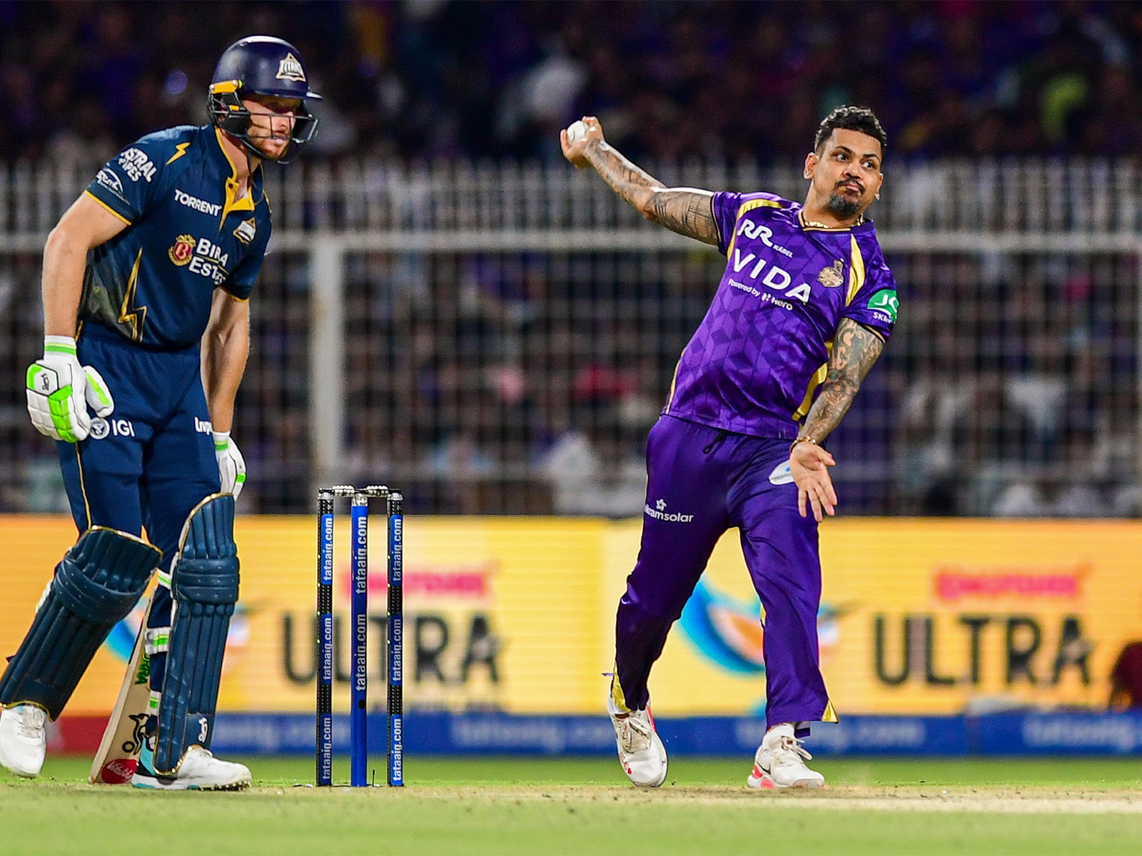 KKR's Sunil Narine bowling against GT in IPL 2026. (Photo/ANI)