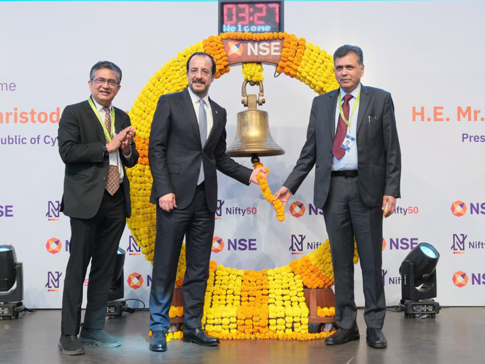 Nikos Christodoulides, President, Republic of Cyprus (Middle), along with NSE Chairman Srinivas Injeti (Right) and MD and CEO Ashishkumar Chauhan (Left) (Photo/ANI)