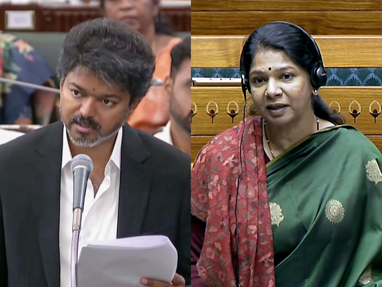 Tamil Nadu Chief Minister Vijay and DMK MP Kanimozhi (File photo/ANI)