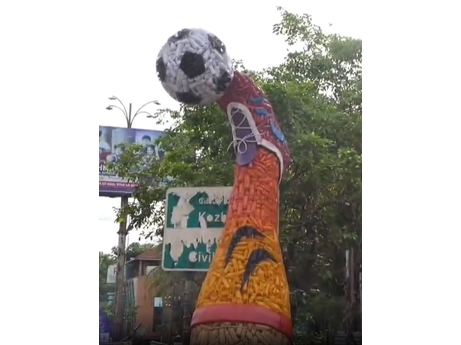 Malappuram welcomes FIFA World Cup with giant football sculpture made of plastic bottles. (Photo/ANI)