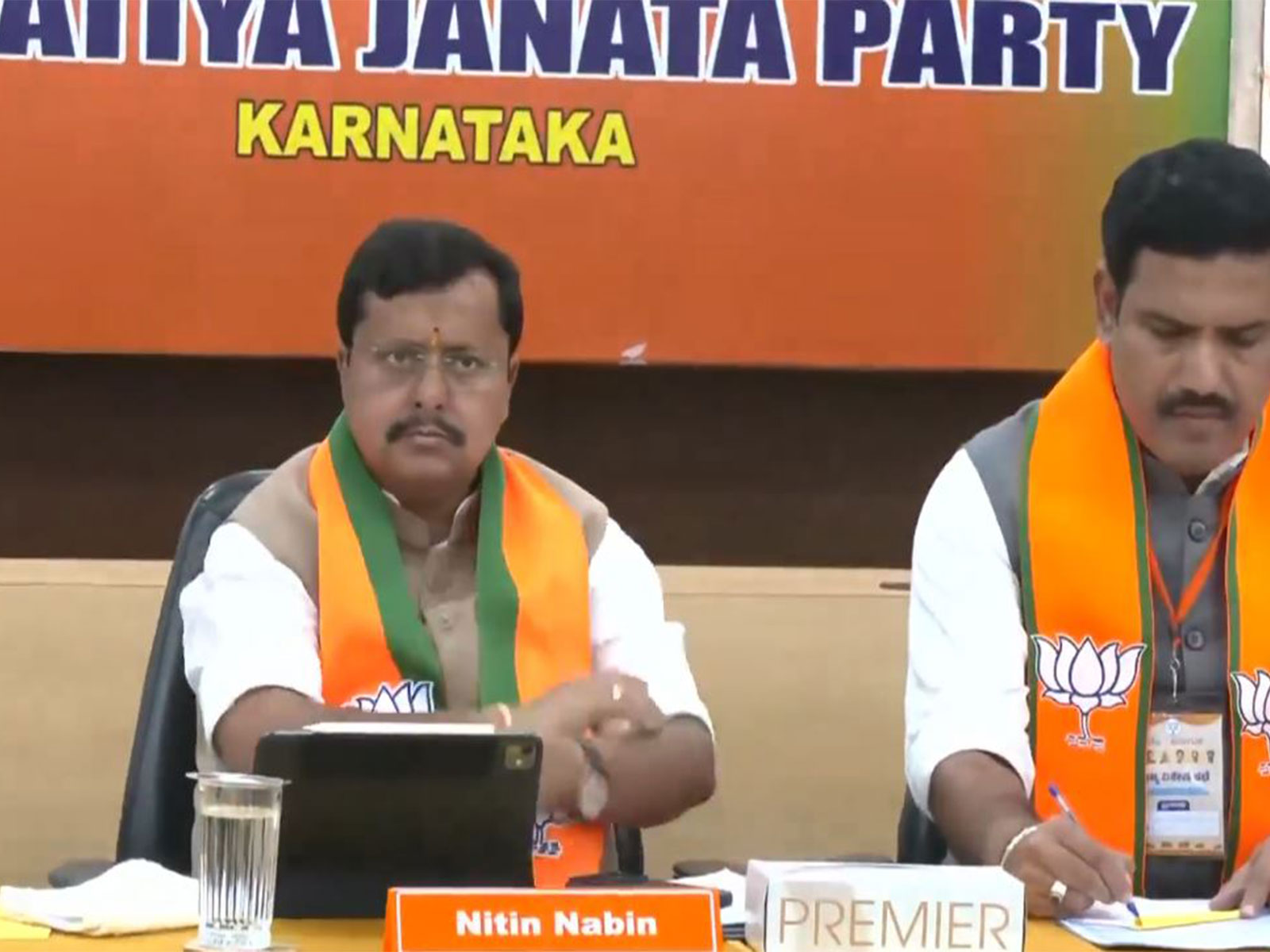BJP national President Nitin Nabin and state party chief BY Vijayendra at core committee meeting in Bengaluru (Photo/ANI)