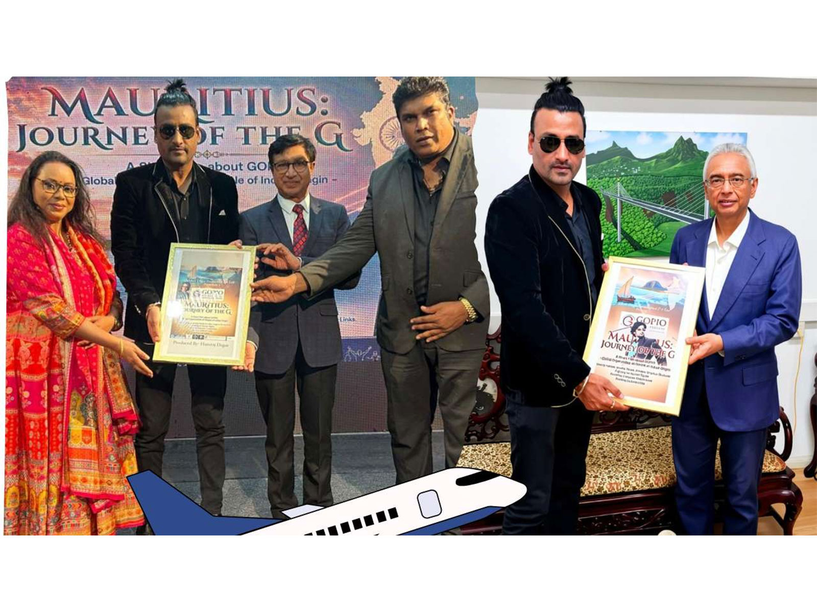 Nitu Shah, Suchhi Kumar, Mookhesswur Choonee, Rakesh Achdoo and former Mauritius PM Pravind Jugnauth at the poster launch of Mauritius: The Journey of the G