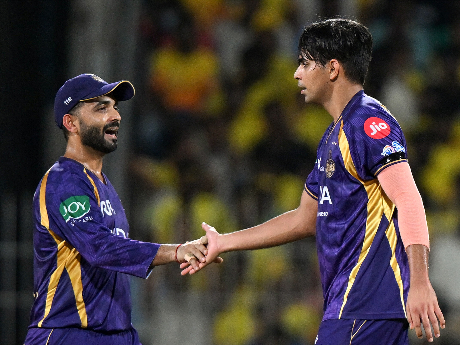 KKR's skipper Ajinkya Rahane (left) and Kartik Tyagi (right) (Photo: ANI)