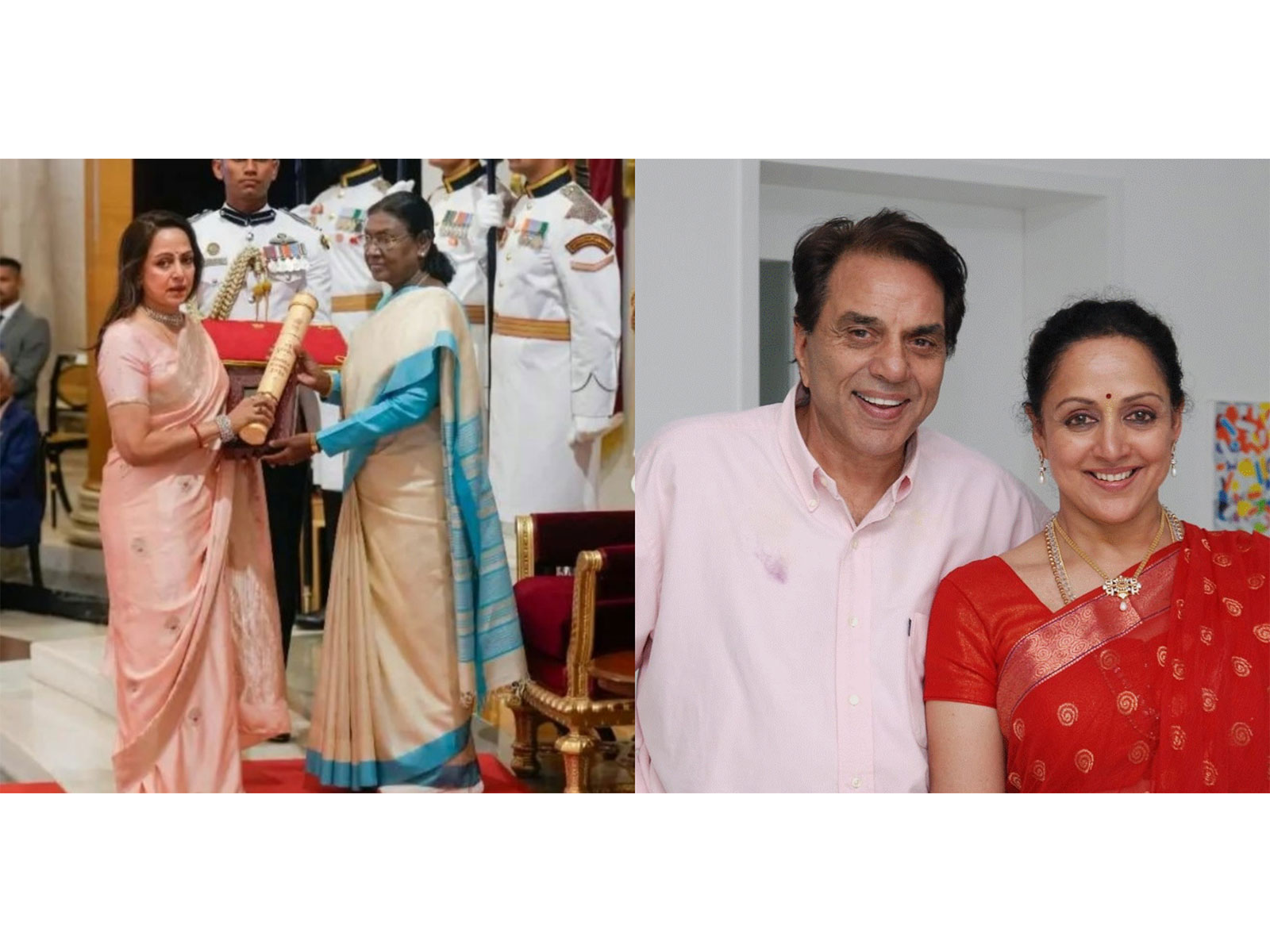 Hema Malini receives Padma Award on behalf of her husband Dharmendra (Photo/ President of India/social media), Legendary actor Dharmendra with Hema Malini (Photo/ X/ @dreamgirlhema)