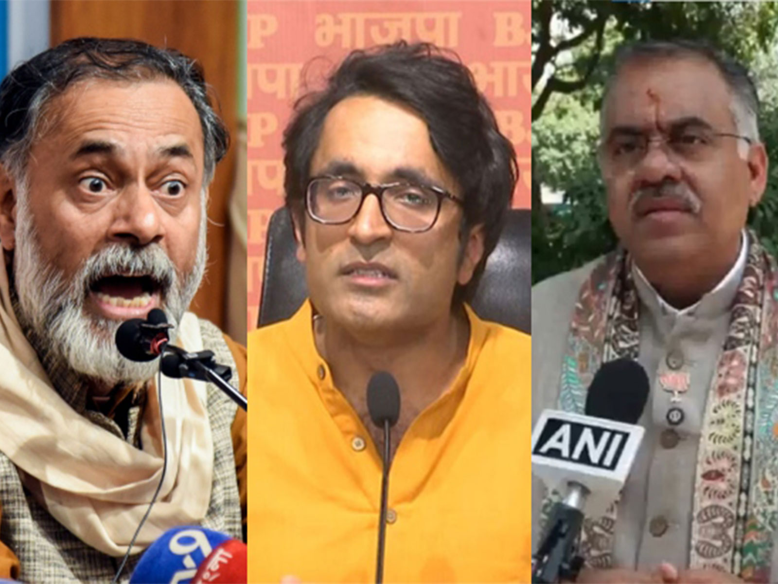 BJP leaders Tarun Chugh (R), Pradeep Bhandari (C) and political activist Yogendra Yadav (L) (Photo/ANI)