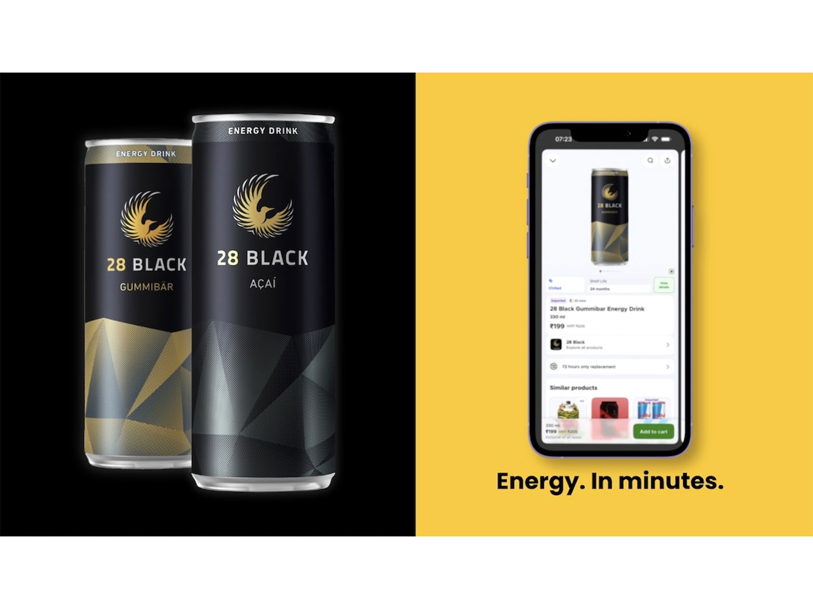 28 BLACK energy drink flavours Acai and Gummibar now available on Blinkit