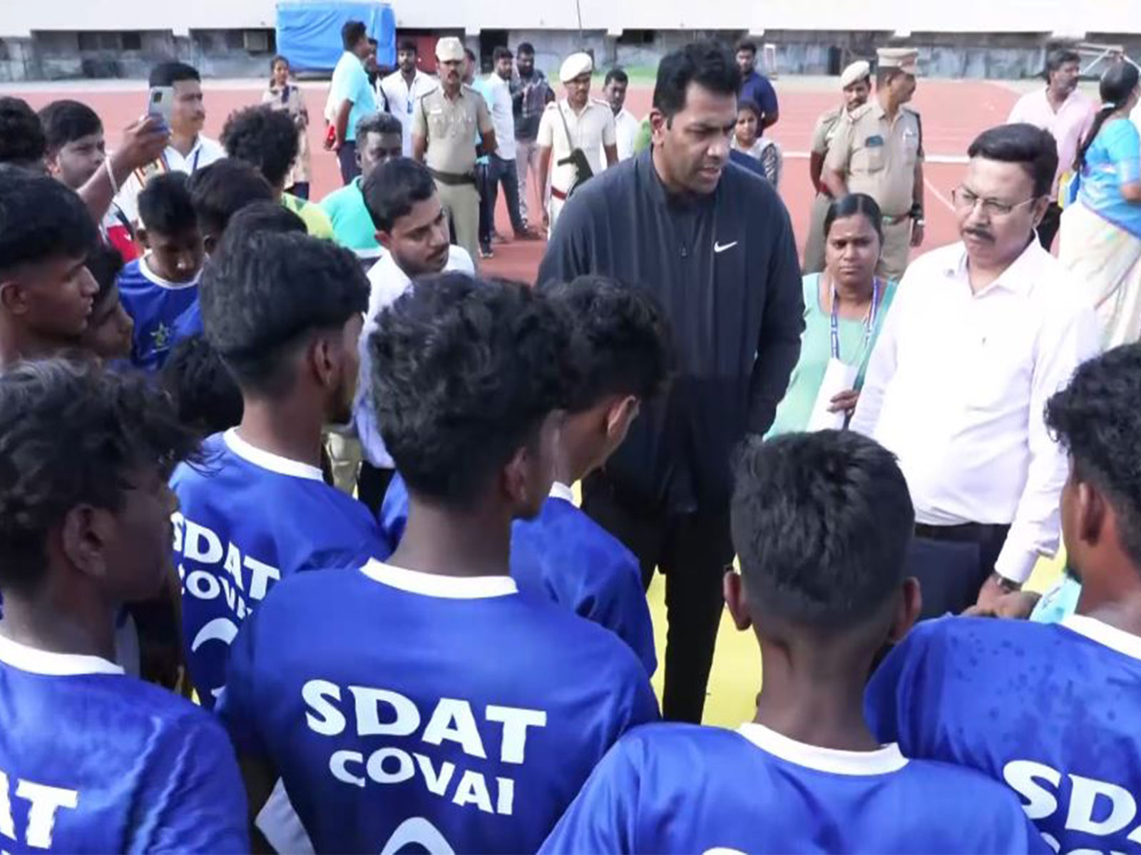 Tamil Nadu Sports Minister Aadhav Arjuna with young athletes. (Photo/ANI)