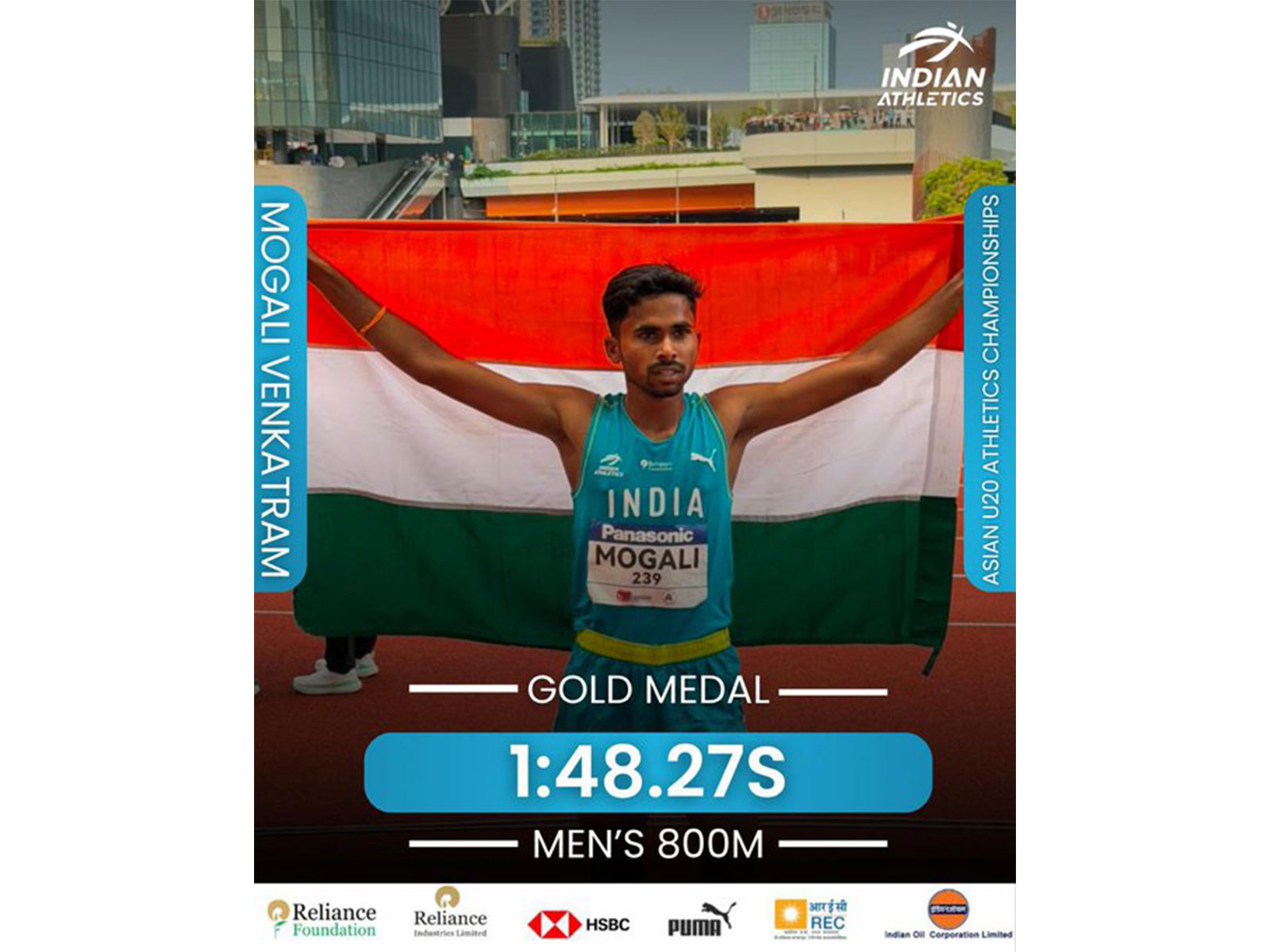Mogali Venkatram wins gold in men's 800m event. (Photo: X/@afiindia)