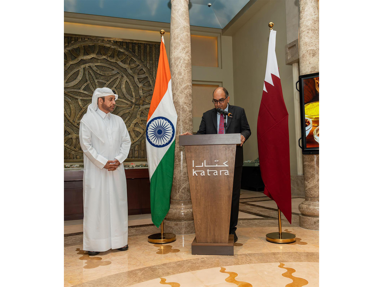 Diplomat Vipul, India's next envoy to Saudi Arabia, addressing an event from behind a podium emblazoned with "Katara" while serving as India's Ambassador to Qatar. (Photo: X/@IndEmbDoha)