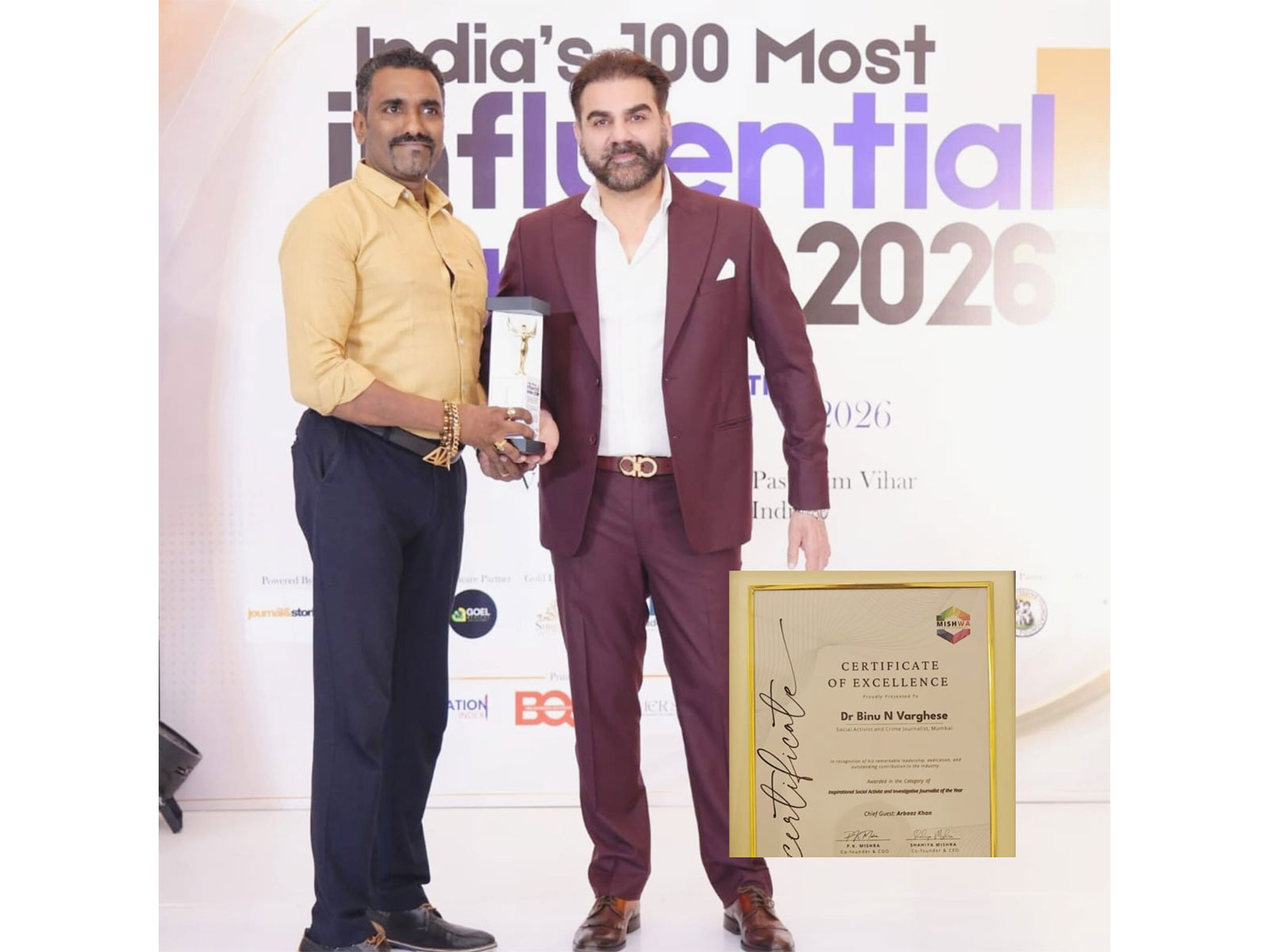 Dr. Binu Varghese Conferred "India's 100 Most Influential Leaders 2026" Award by hand of Actor Arbaaz Khan