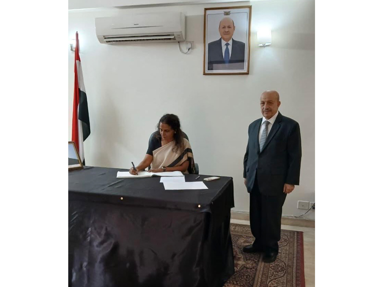 Sripriya Ranganathan, Secretary (CPV and OIA), signs the condolence book at the Yemen Embassy in New Delhi following the passing of former Yemen President Abdrabbuh Mansur Hadi. (Photo: X/@MEAIndia)