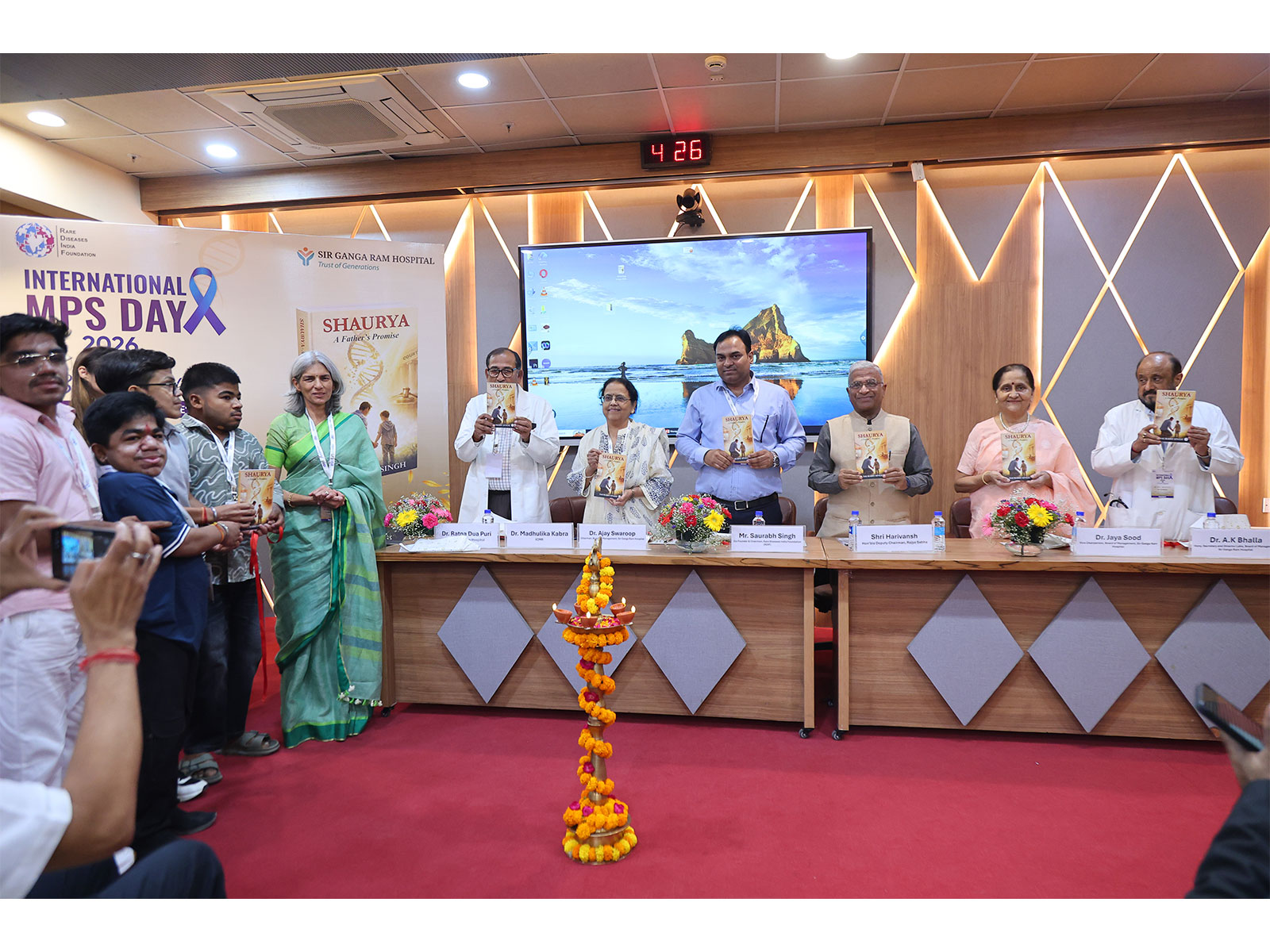 Harivansh, Deputy Chairman, Rajya Sabha, releasing "SHAURYA: A Father's Promise" at Sir Ganga Ram Hospital, New Delhi, on International MPS Awareness Day 2026