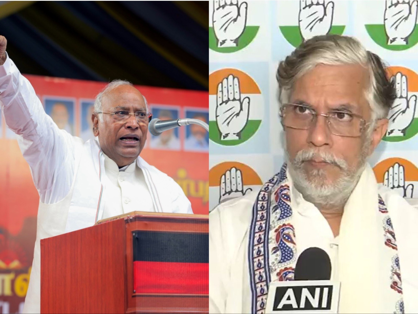 Congress president Mallikarjun Kharge, AICC media dept chairman Pawan Khera (Photo: ANI) 
