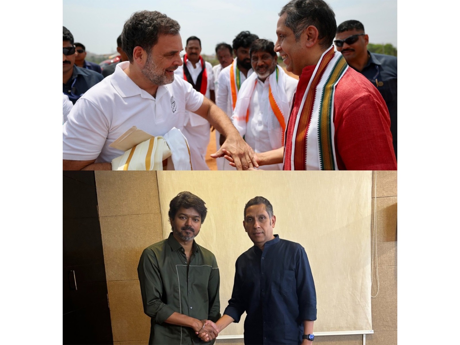 Congress leader Praveen Chakravarty with Tamil Nadu CM Vijay and Leader of Opposition in Lok Sabha Rahul Gandhi (Photo/ANI)