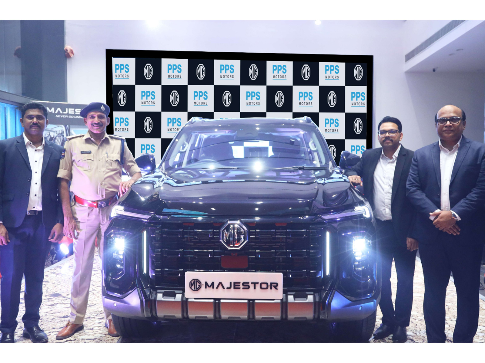 Mr. Sandeep Rao, Mr. A. Krishnaiah, Mr. Abhinay Akula, and Mr. G. Neeraj during the launch of the MG Majestor at PPS-MG, LB Nagar, Hyderabad.