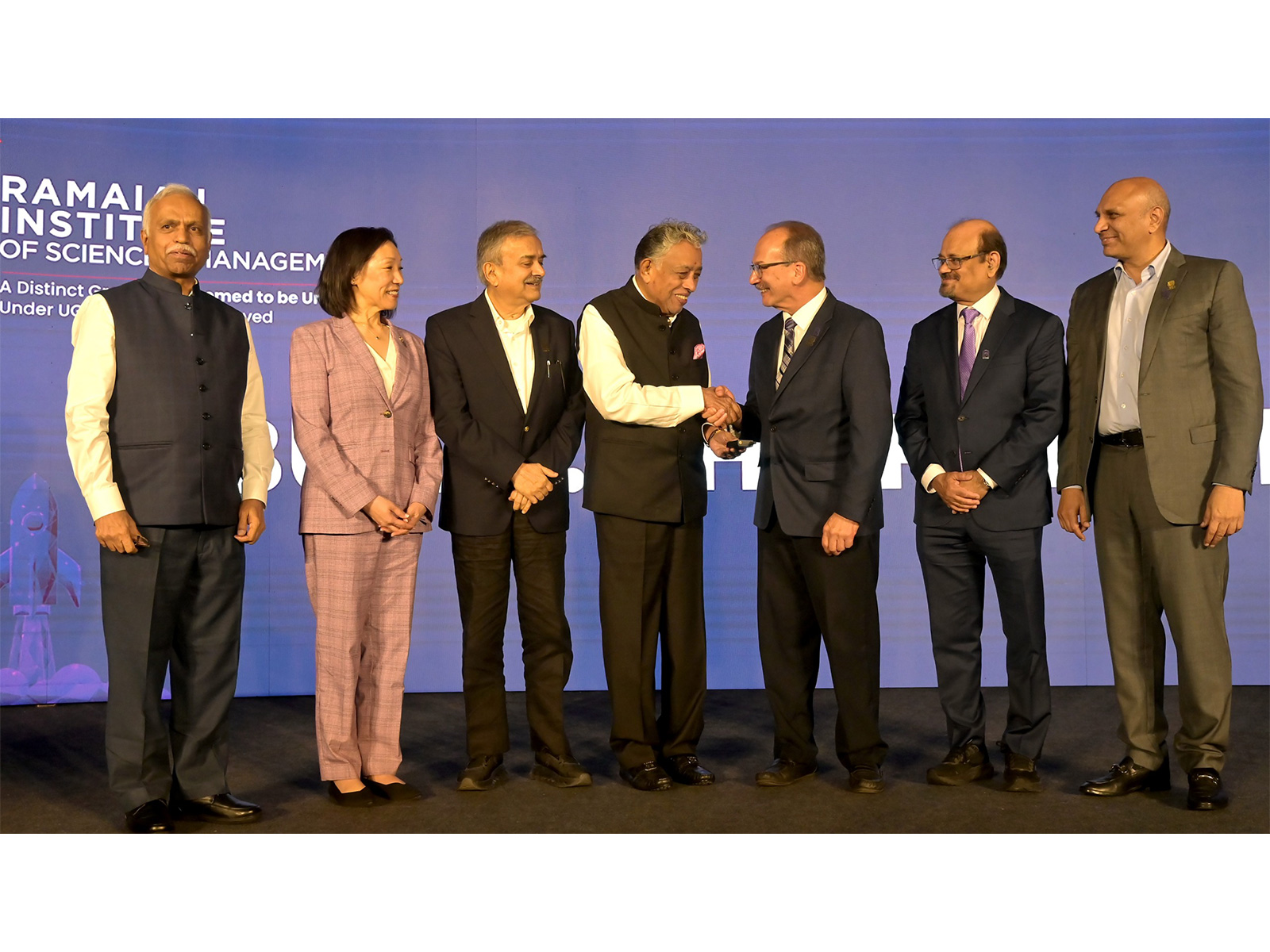 Dr. M R Jayaram and Havidan Rodriguez with senior leaders at the launch of the Ramaiah Institute of Science and Management (RISM) in Bengaluru