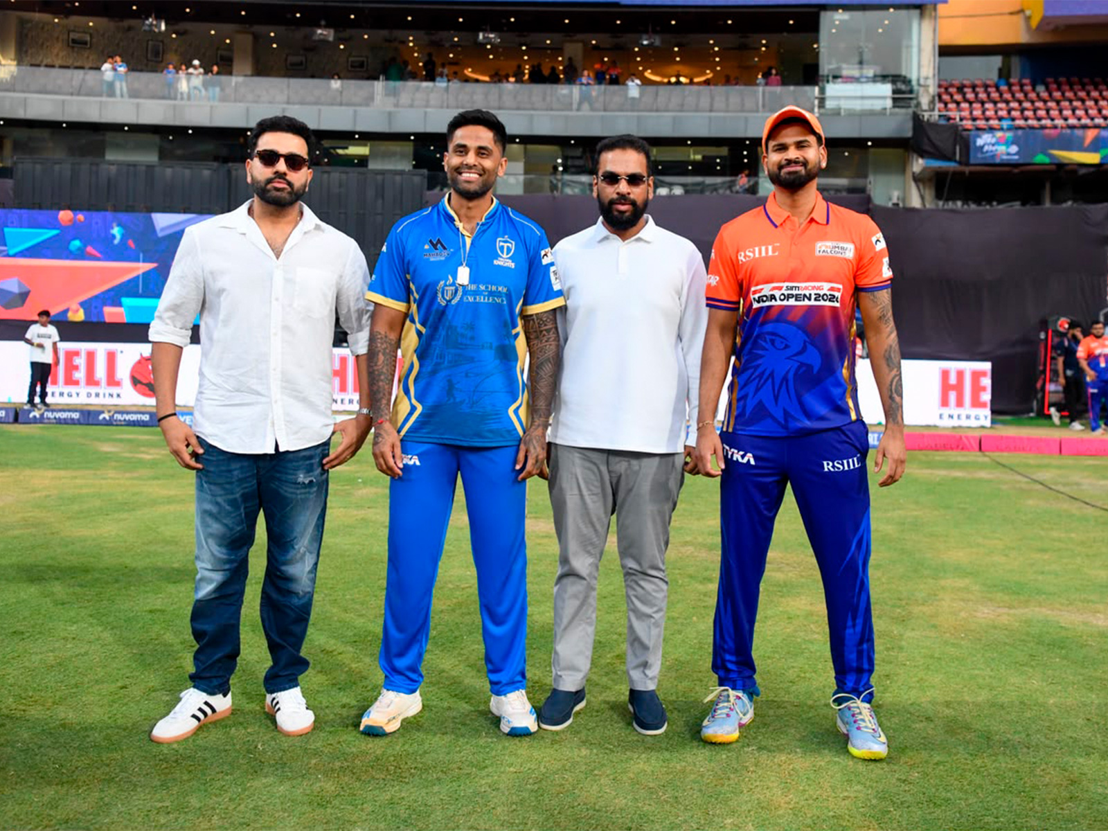 (From L) Face of the League Rohit Sharma poses along with Suryakumar Yadav, Ajinkya Naik and Shreyas Iyer. (Photo: MCA)