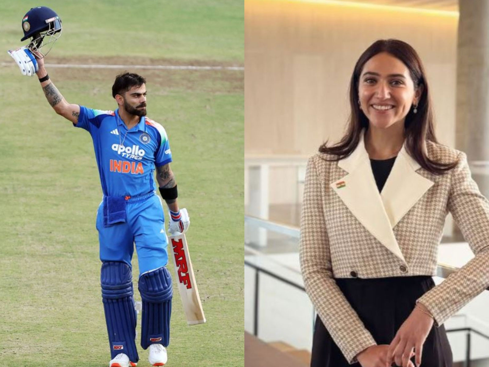 Cricketer Virat Kohli (Pic source: ANI), sports presenter Sahiba Bali (Image source: Instagram@sahibabali)