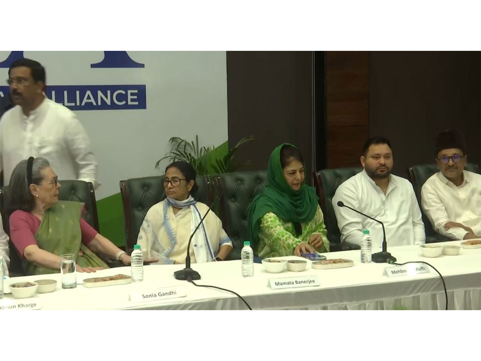 Congress parliamentary party chairperson Sonia Gandhi with TMC chief Mamata Banerjee and other INDIA bloc leaders (Photo/ANI)