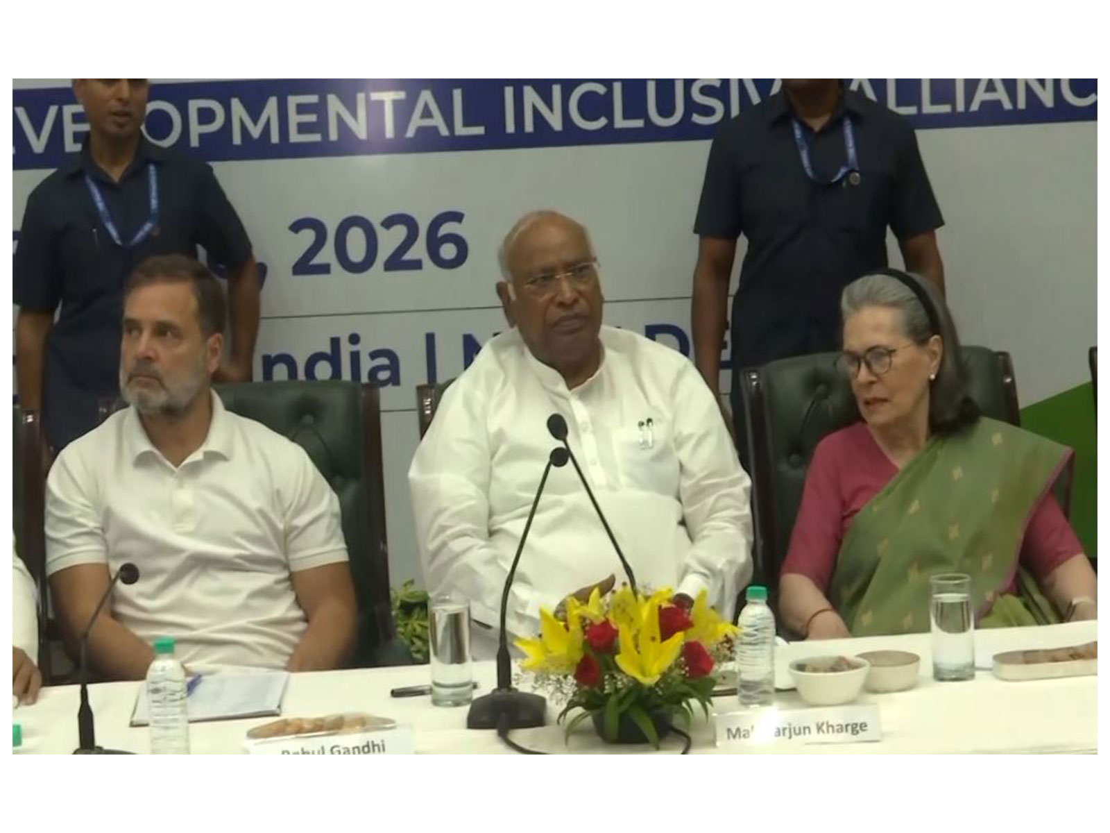 INDIA bloc chairperson Mallikarjun Kharge with Congress leaders Sonia Gandhi and Rahul Gandhi (Photo/ANI)