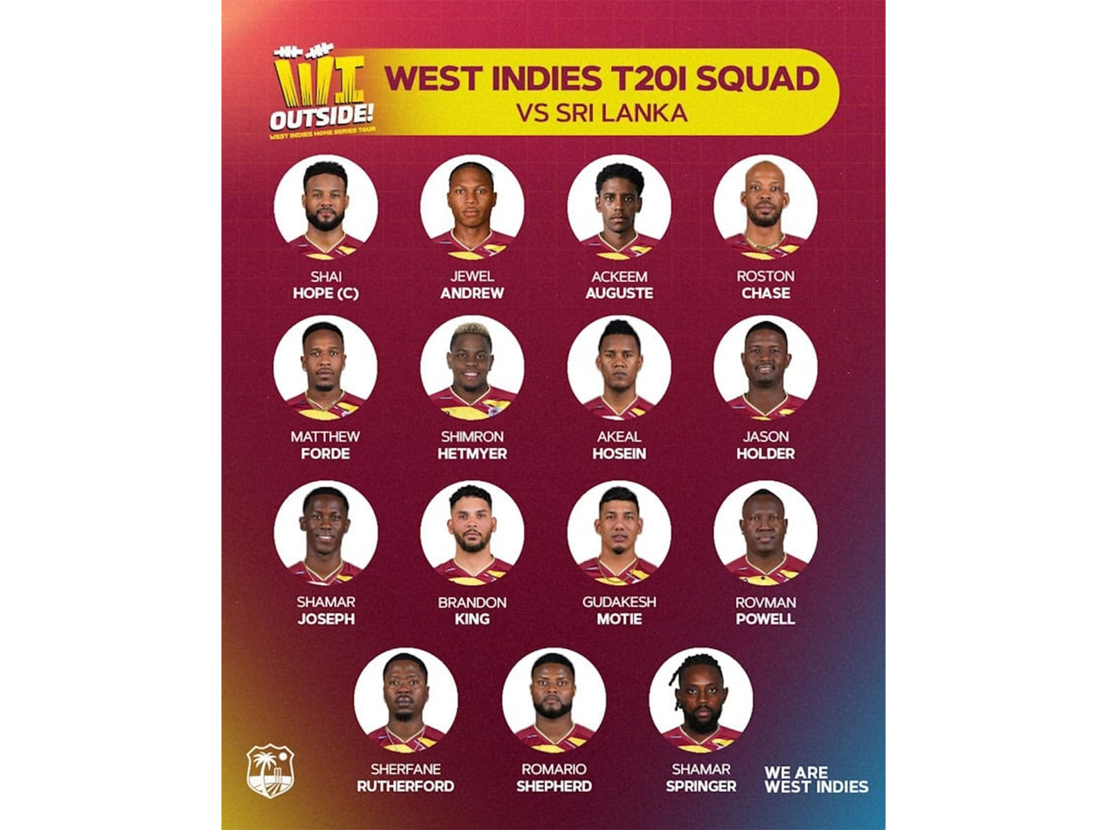 West Indies T20I squad for Sri Lanka series (Image: CWI media)