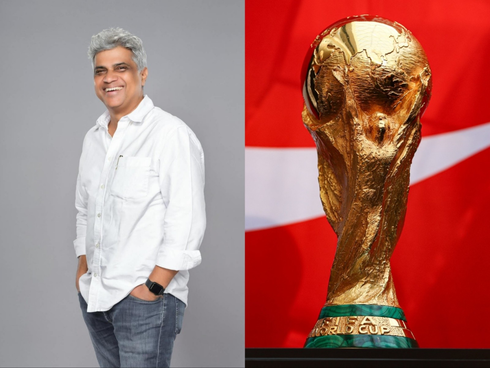Bavesh Janavlekar (L) and FIFA World Cup trophy (R). (Photo: ZEE/Reuters)