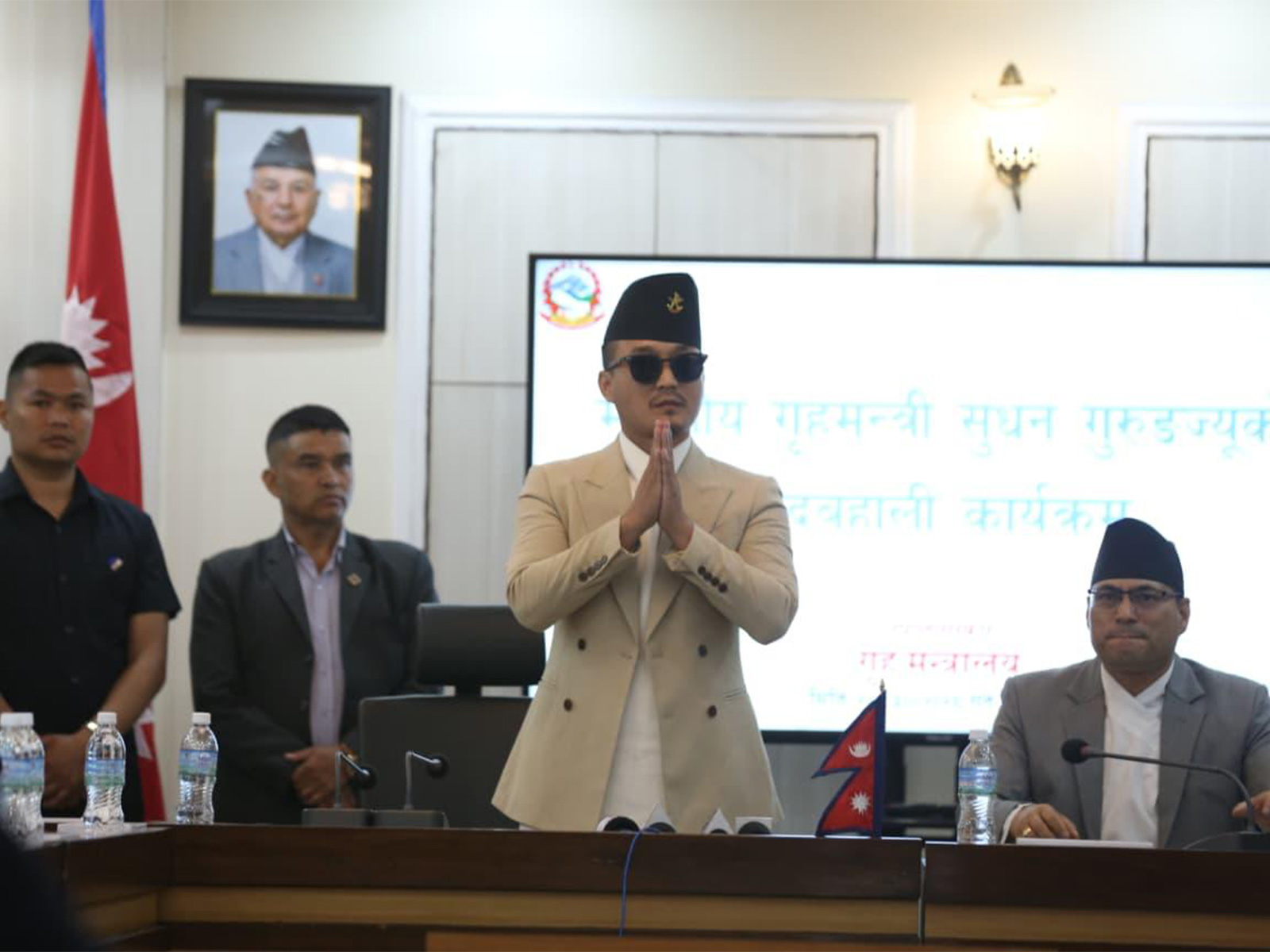 Nepal Home Minister Sudhan Gurung arrives for a press conference after assuming office (Photo/ANI)