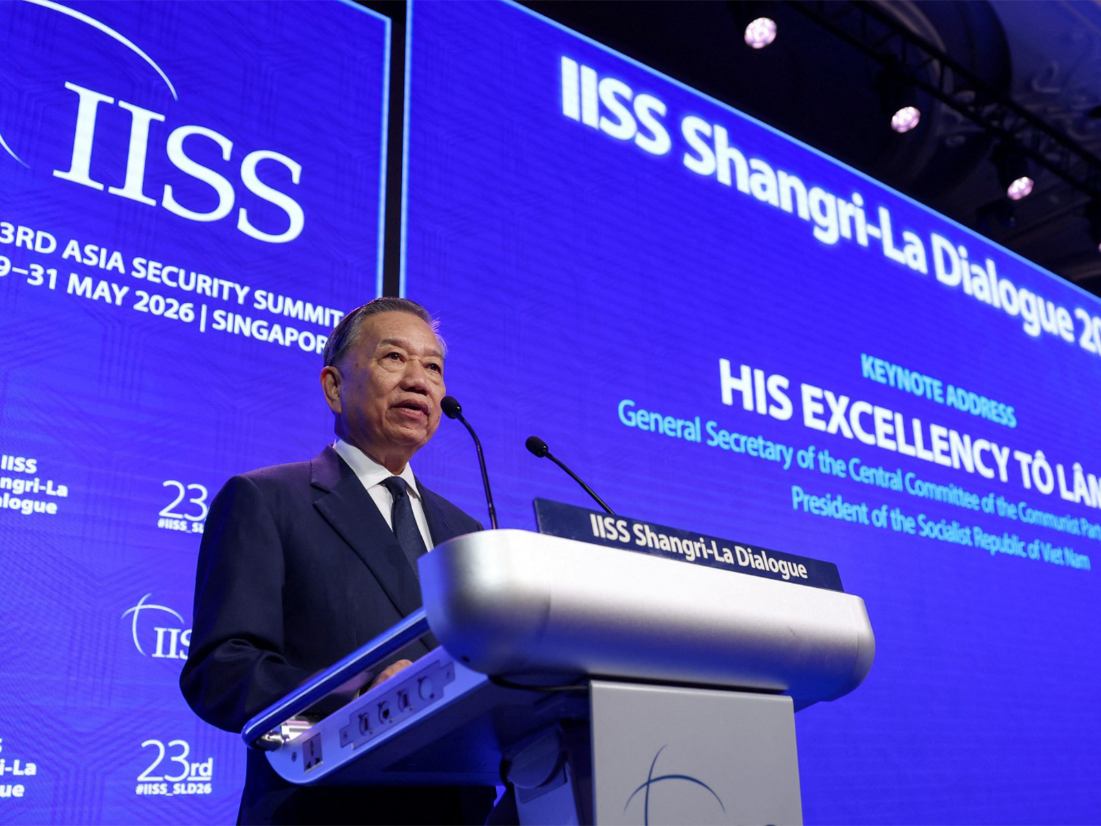 Vietnamese President To Lam delivering the keynote address during the IISS Shangri-la Dialogue security summit in Singapore (File Photo/Reuters)