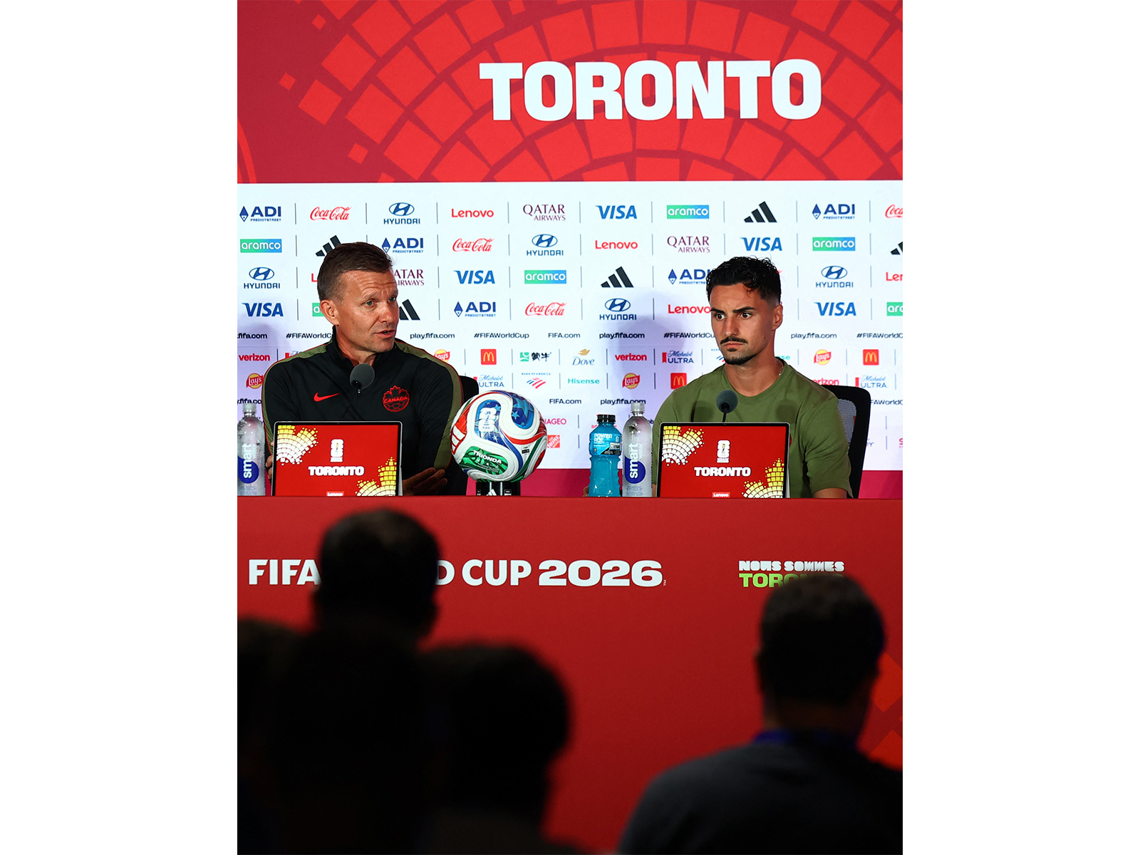 Canada coach Jesse Marsch (L) and Stephen Eustaquio during the press conference. (Photo: Reuters)
