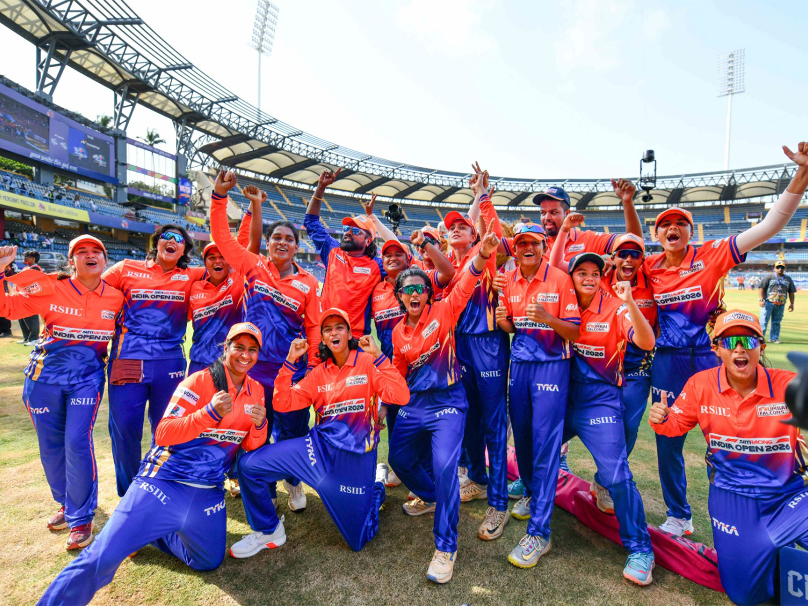 Players of SOBO Mumbai Falcons pose after winning the title of the inaugural T20 Mumbai Women's League (Photo: T20 Mumbai League)