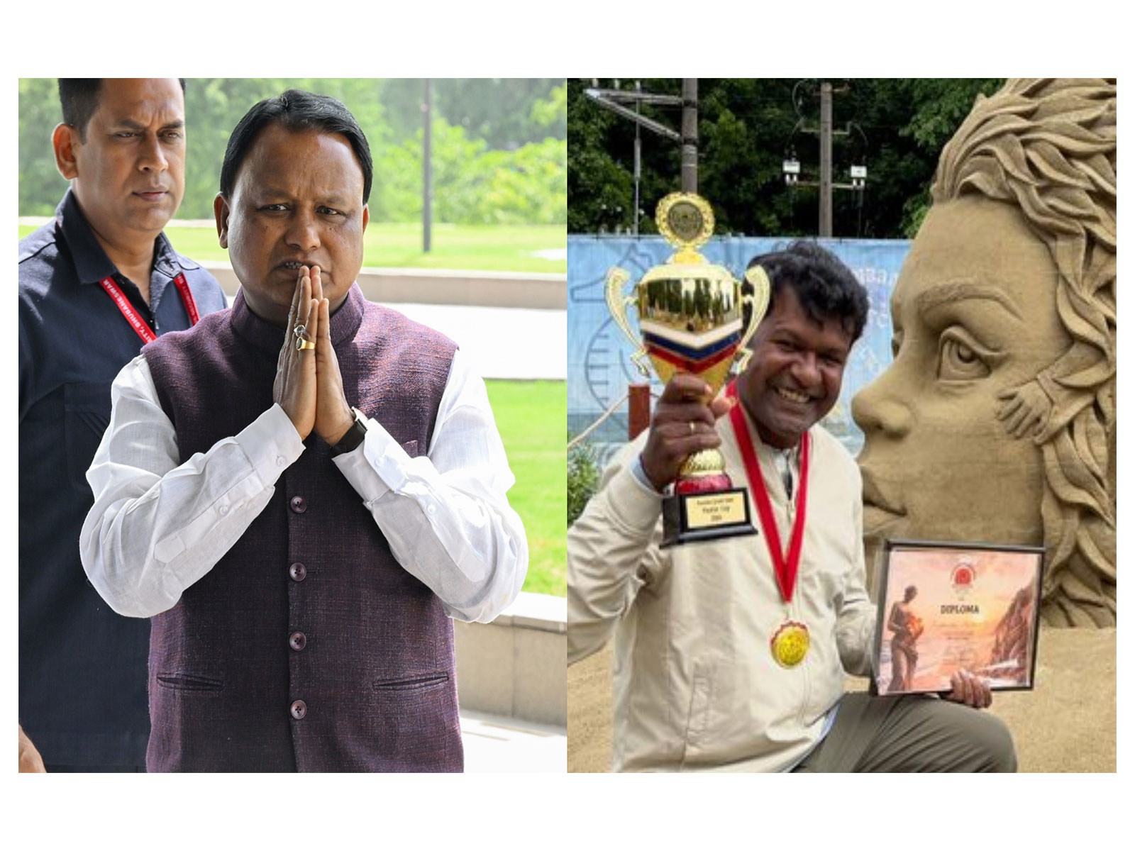 Odisha CM Mohan Charan Majhi congratulates Sudarsan Pattnaik (Photo/ANI/X@MohanMOdisha)