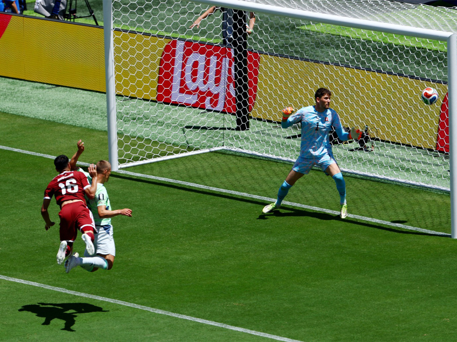 Soccer Football - FIFA World Cup 2026 - Group B - Qatar v Switzerland - San Francisco Bay Area Stadium, Santa Clara, California, U.S. - June 13, 2026 Qatar's Boualem Khoukhi scores their first goal past Switzerland's Gregor Kobel. (Photo: Reuters)