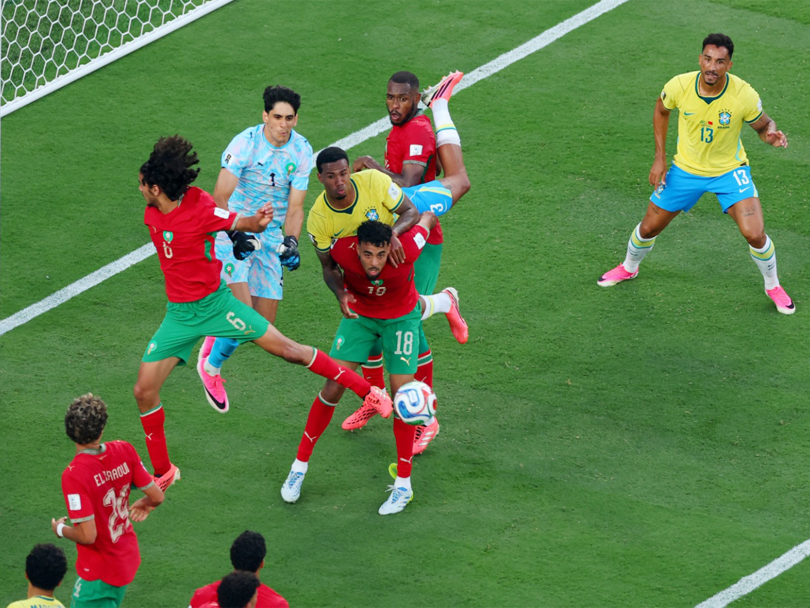 Soccer Football - FIFA World Cup 2026 - Group C - Brazil v Morocco - New YorkNew Jersey Stadium, East Rutherford, New Jersey, U.S. - June 13, 2026 Morocco's Ayyoub Bouaddi and Chadi Riad in action with Brazil's Gabriel Magalhaes. (Photo: Reuters)